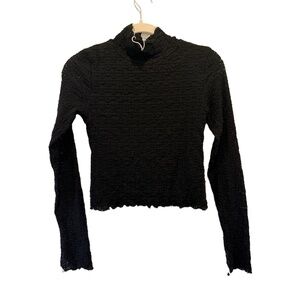 Promesa Black Textured Smocked Long Sleeve Mock Neck Top Lettuce Edge Trim EUC